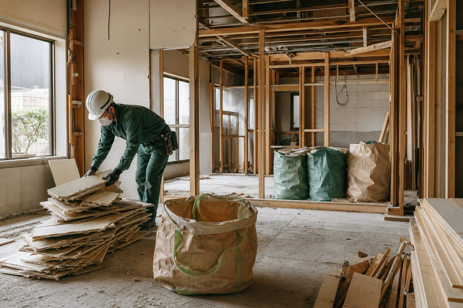 内装材を分別しながら撤去する施工イメージ
